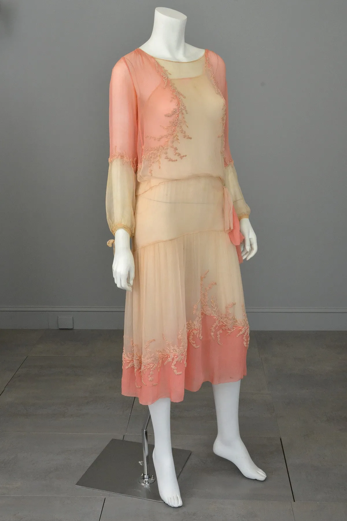 1920s Pink Cream Silk Chiffon French Knots Embroidered Peasant Dress/Restoration piece