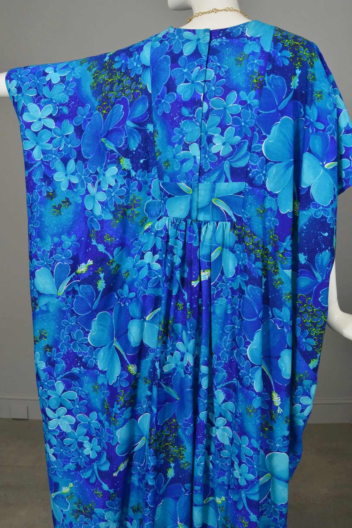 1970s Blue Orchid Hawaiian Maxi Cascading Caftan