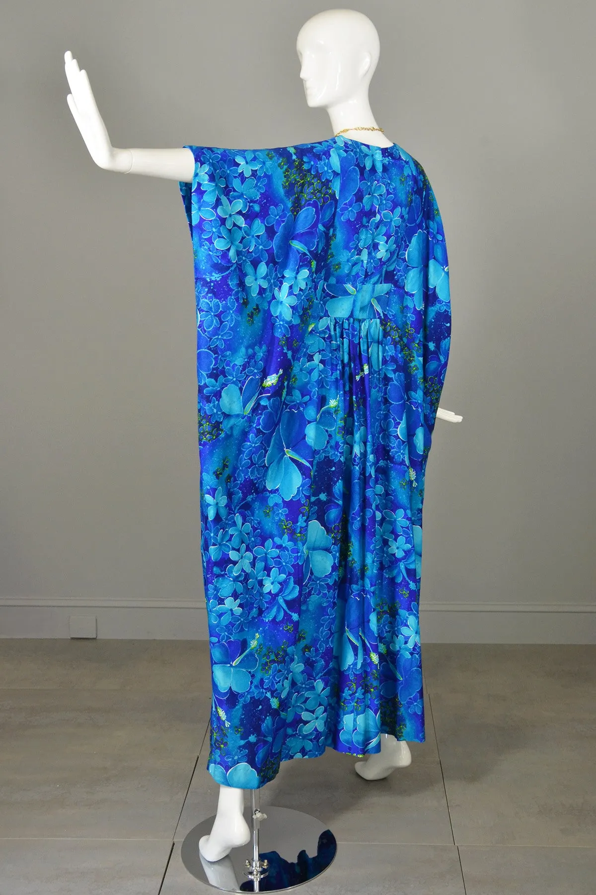 1970s Blue Orchid Hawaiian Maxi Cascading Caftan