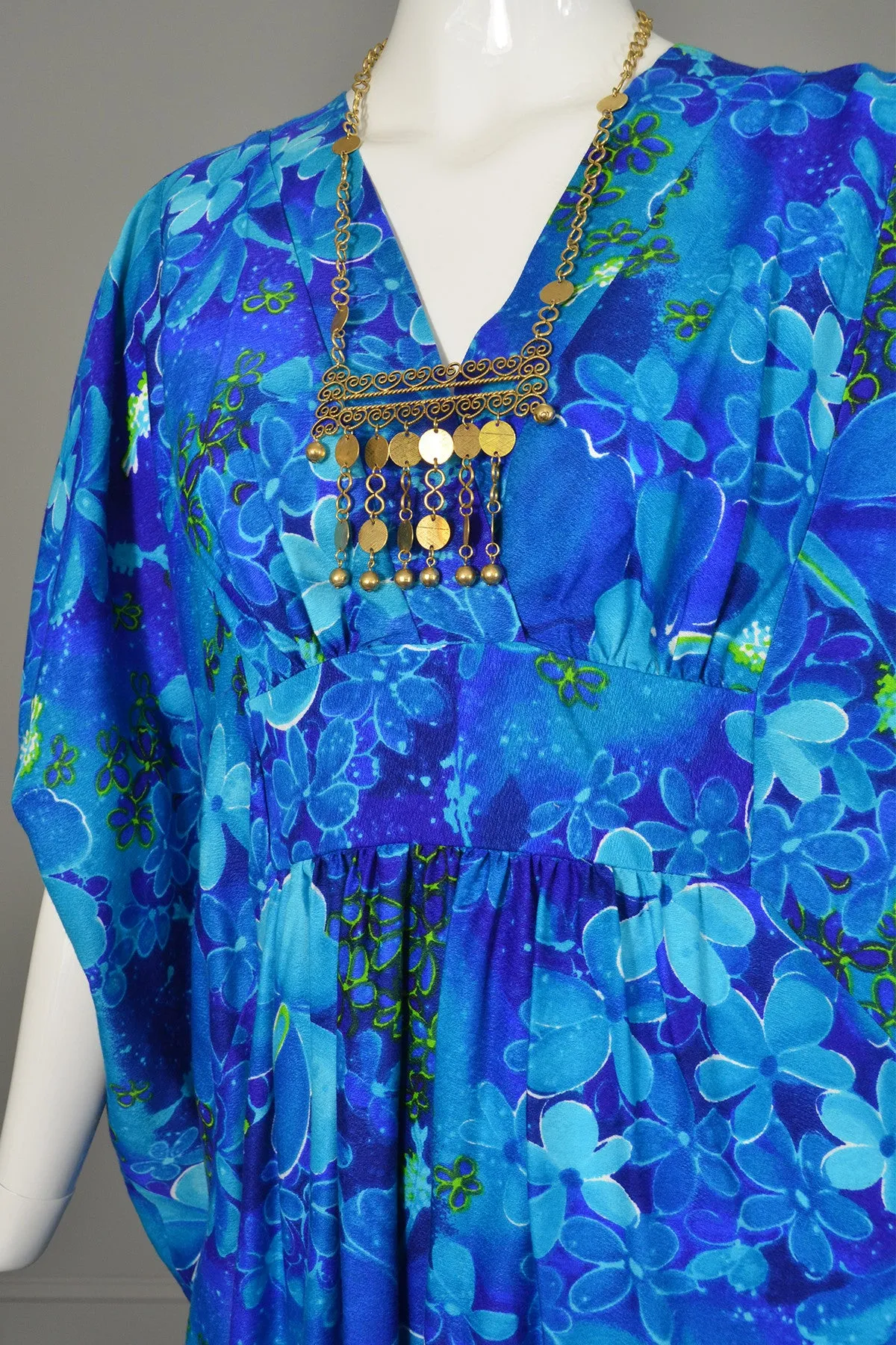 1970s Blue Orchid Hawaiian Maxi Cascading Caftan