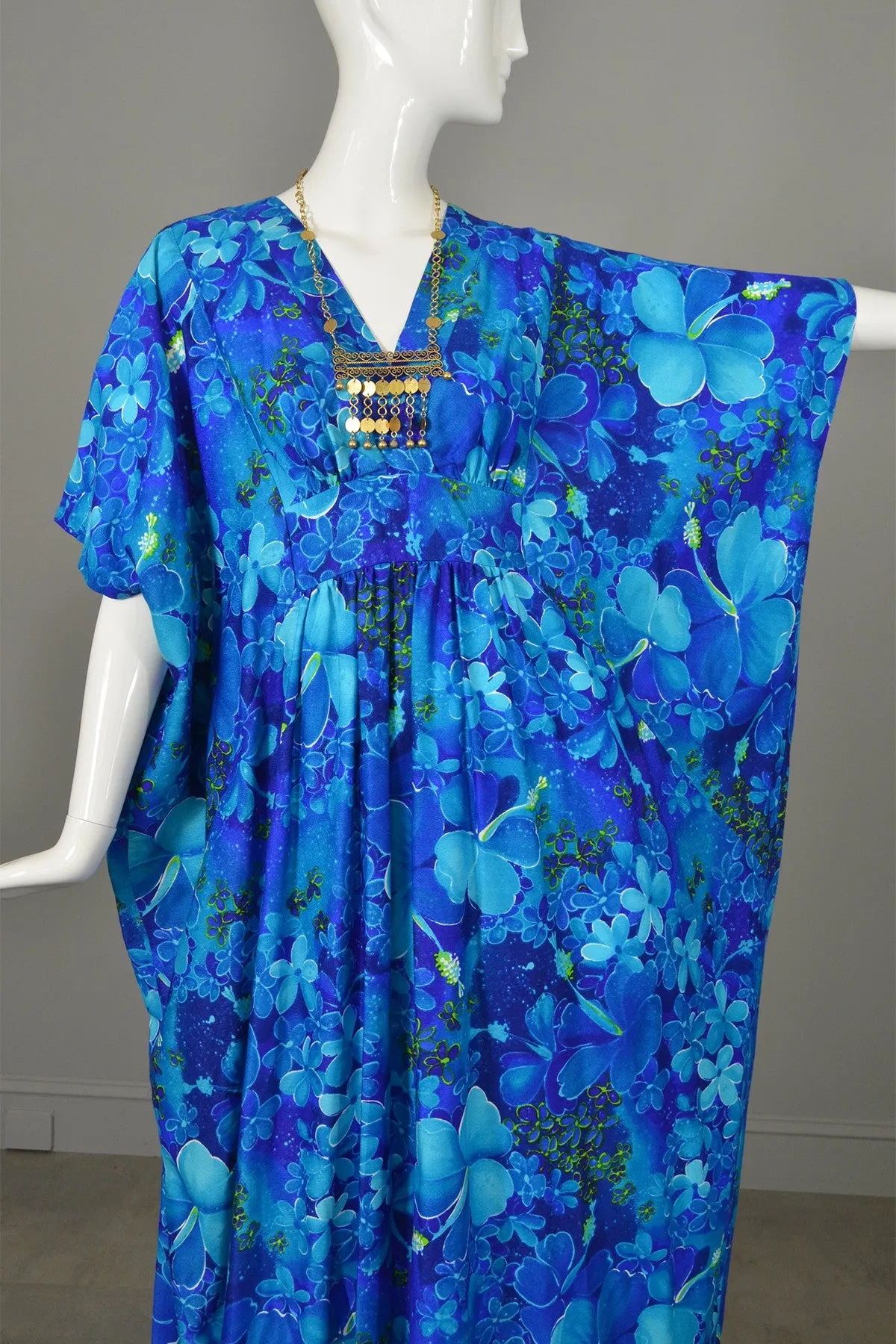 1970s Blue Orchid Hawaiian Maxi Cascading Caftan