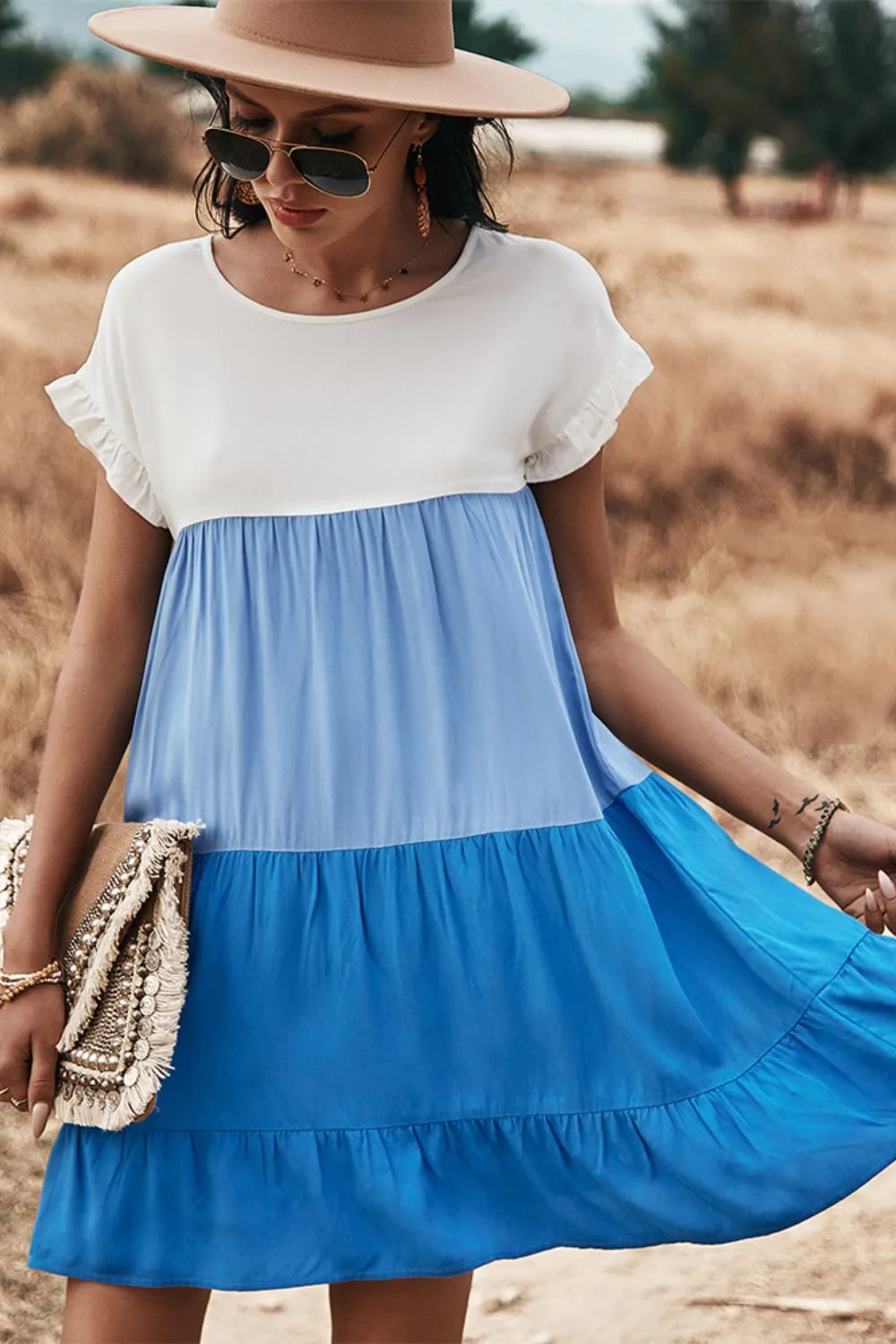 *APP EXCLUSIVE* Colorblock Round Neck Tiered Dress