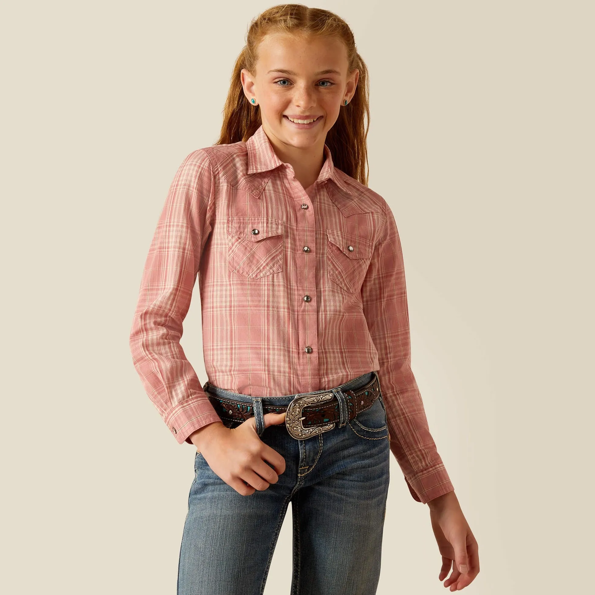 Ariat Girl's Nazca Western Snap Shirt in Rose Plaid