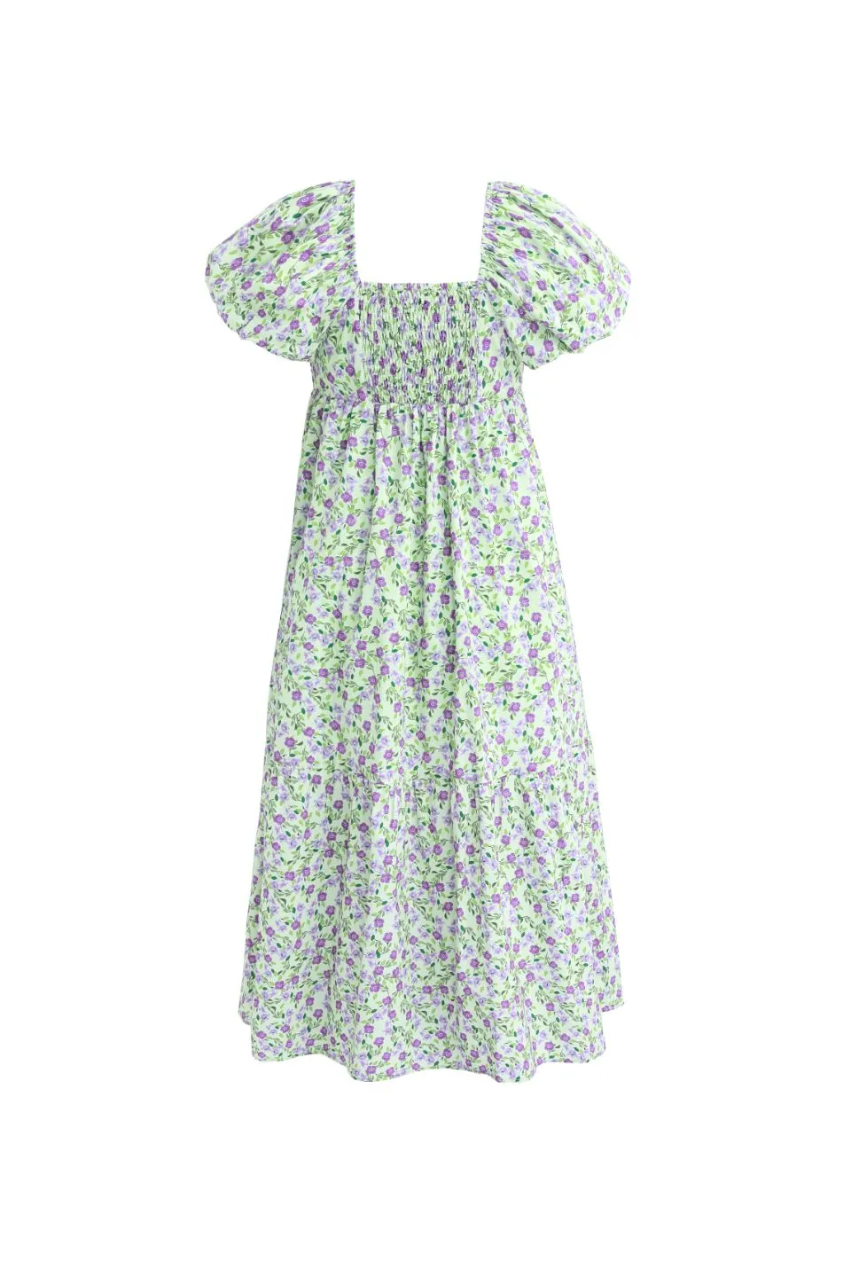 Babydoll Lilac Floral Puff Sleeve Midi Dress