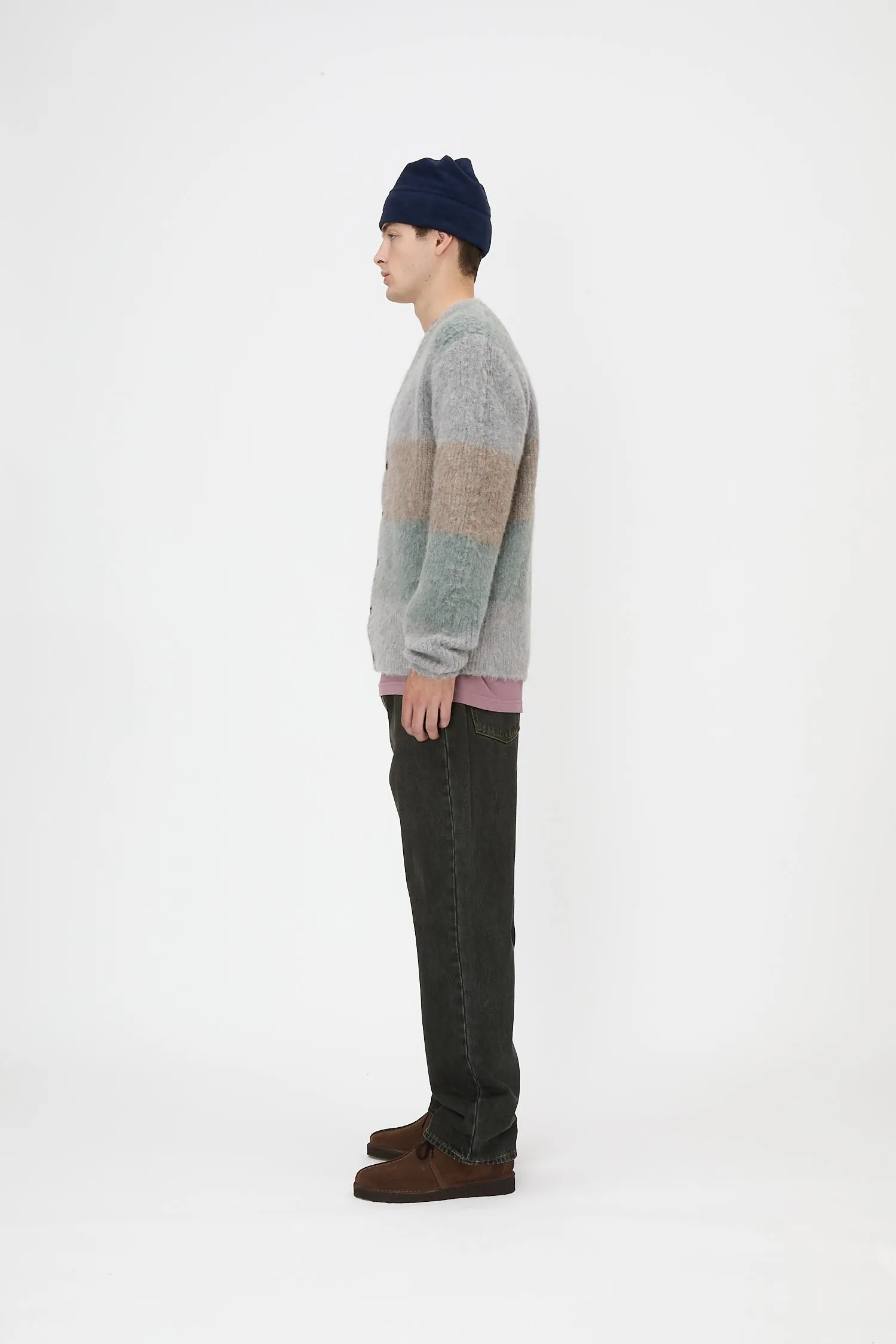 Band Neck Cardigan - Sage Stripe