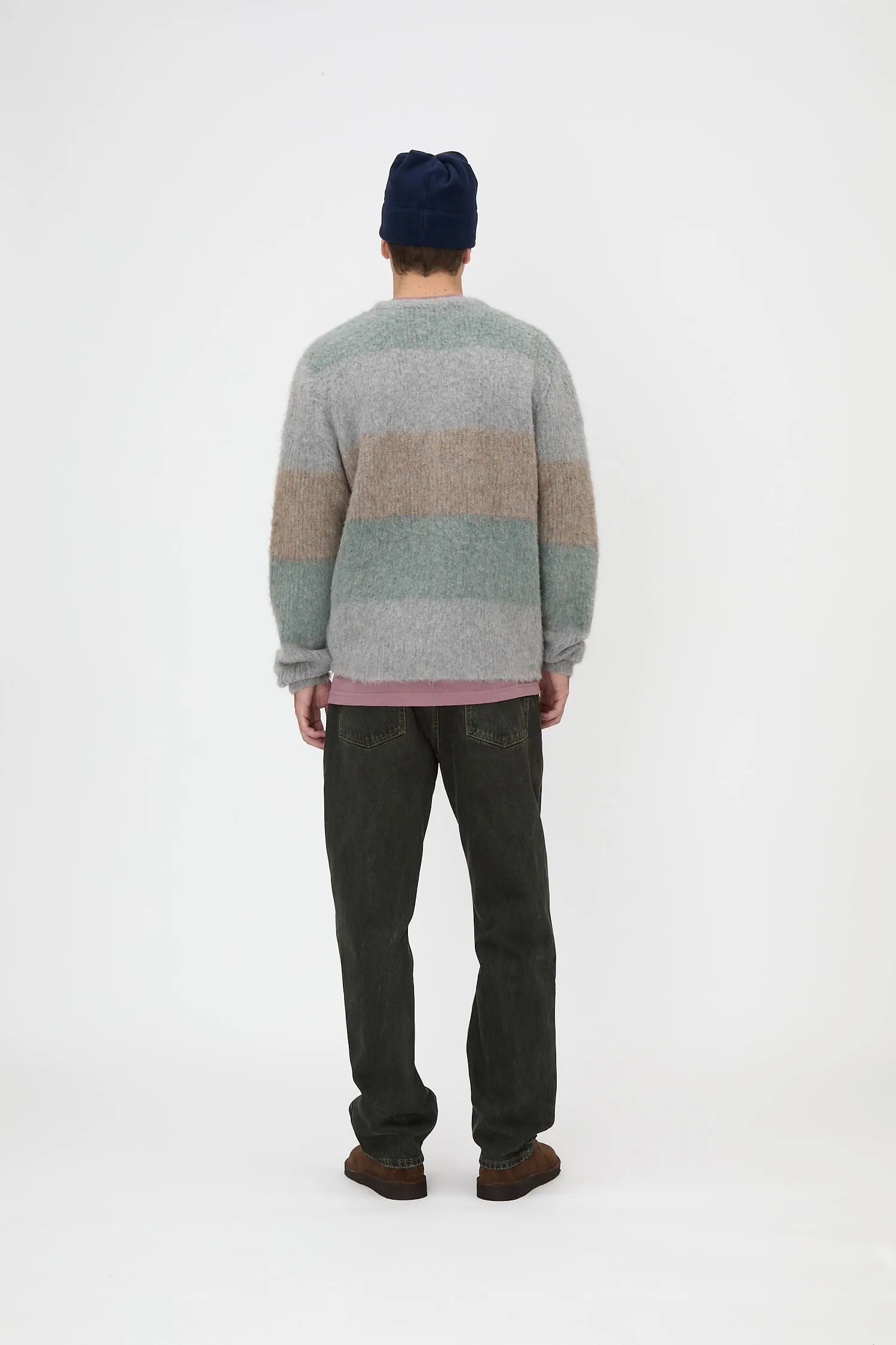 Band Neck Cardigan - Sage Stripe