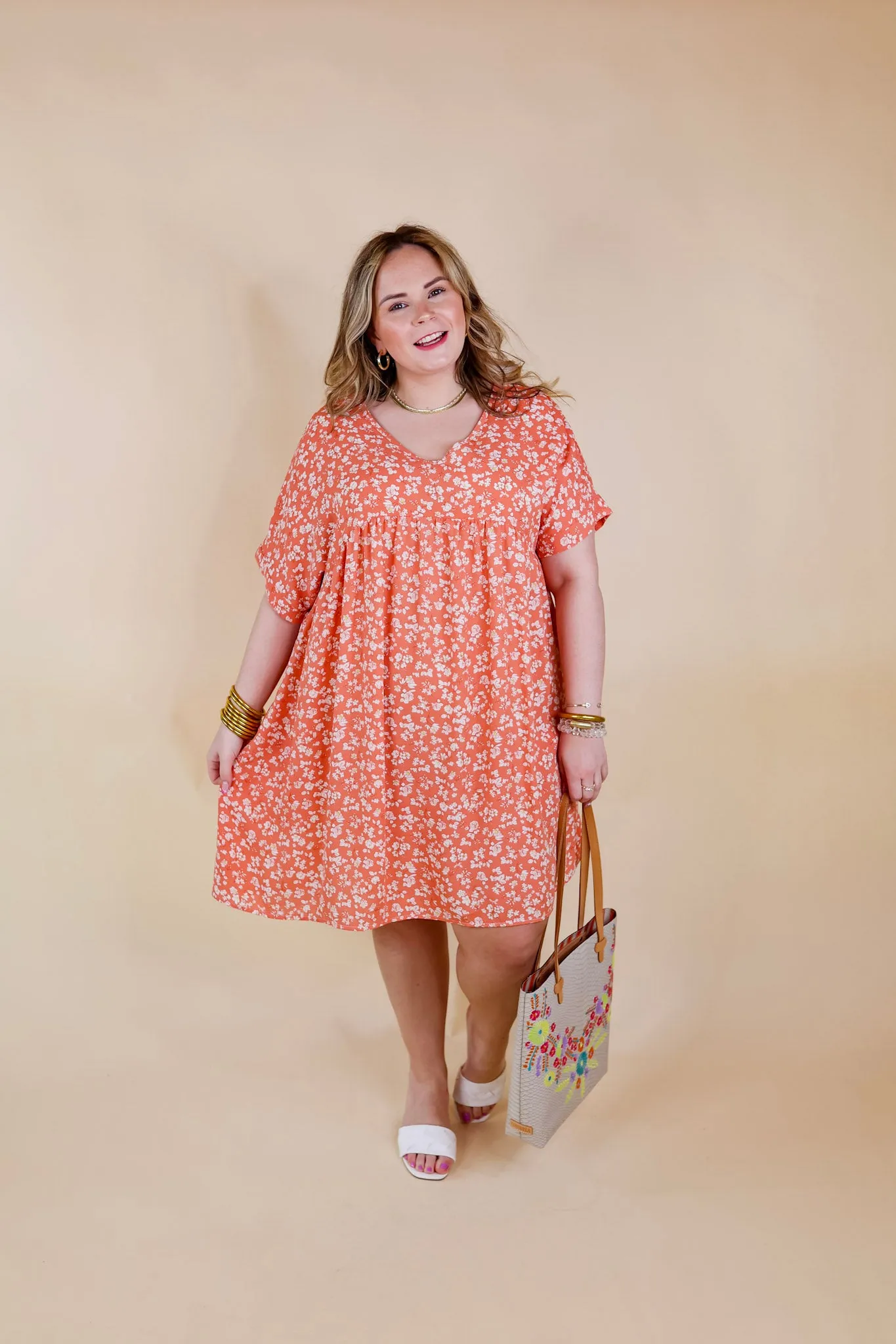 Beauty In Blooms Floral Print Babydoll Dress in Coral Orange