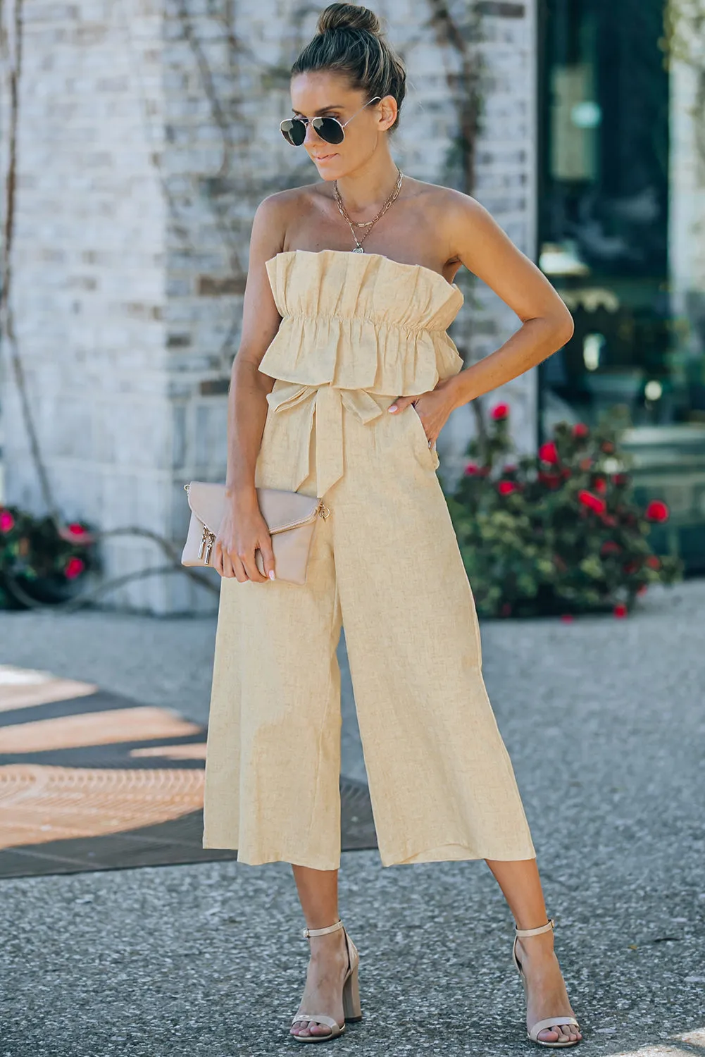 Beige Ruffled Strapless Wide Leg Jumpsuit, Resort Jumpsuit