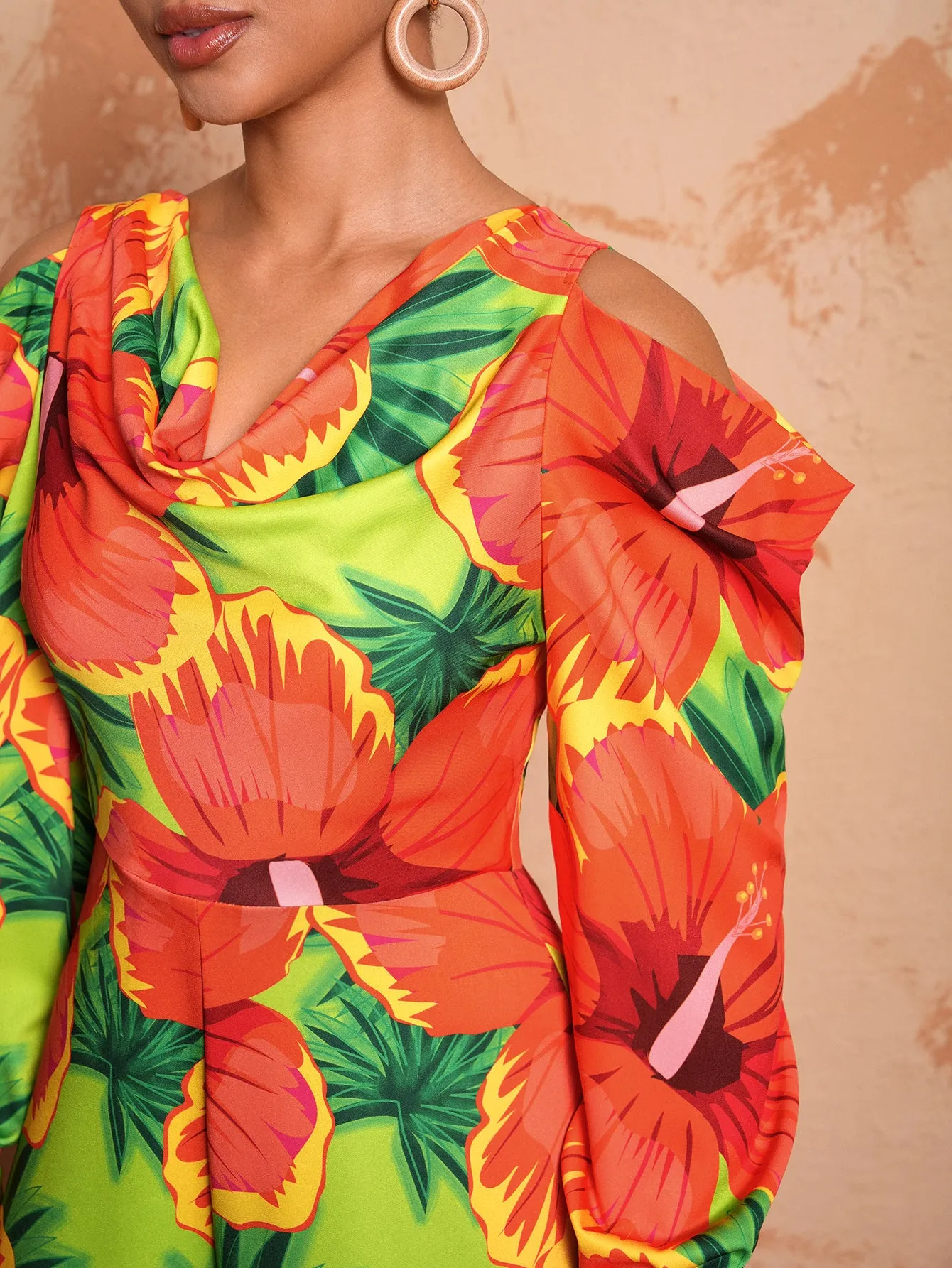 BELANGE HANDMADE X SHEIN - Vacation Style V Neck Floral Print Wide Leg Jumpsuit With Flared Sleeves And Cut-Out Shoulders- Available on SHEIN.COM Only