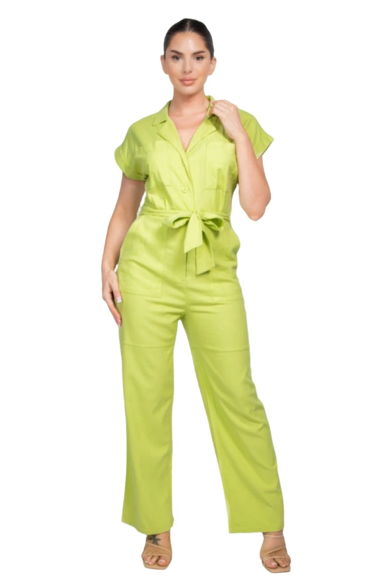 Belted Button-down Linen Jumpsuit