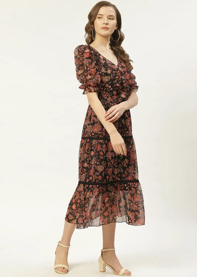 Black & Rust Orange Floral Print Tiered Midi Fit & Flare Dress with Ruffles