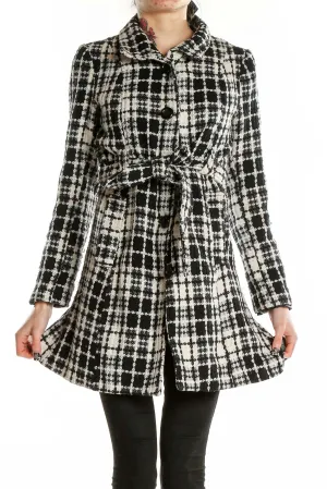 Black and White Plaid Wool-Blend Coat