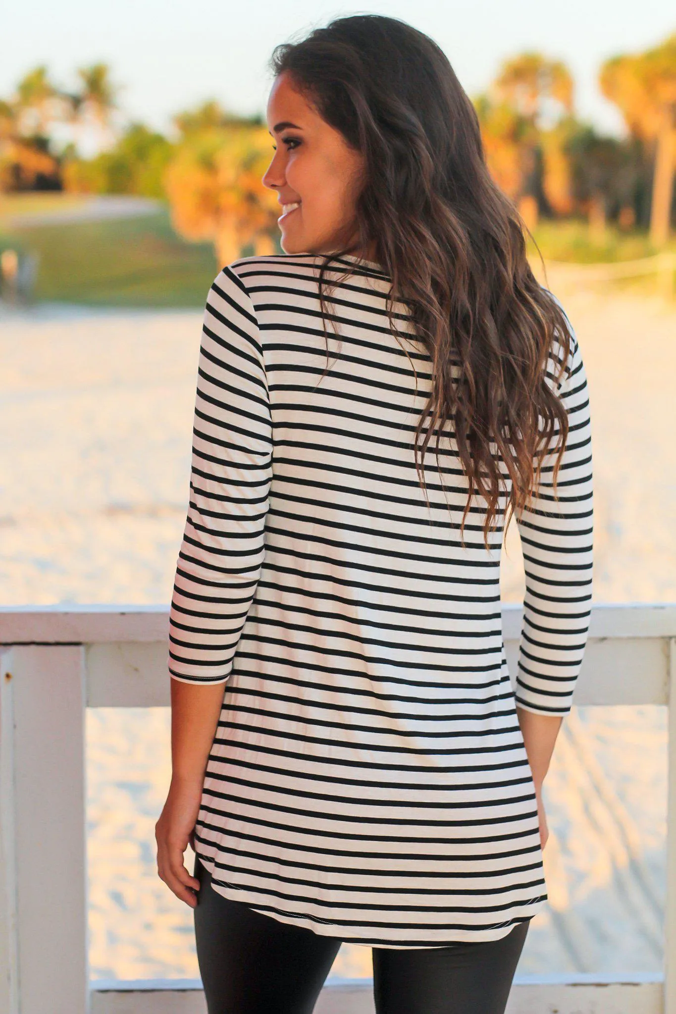 Black and White Striped Babydoll Top with 3/4 Sleeves