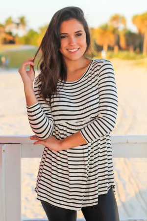 Black and White Striped Babydoll Top with 3/4 Sleeves