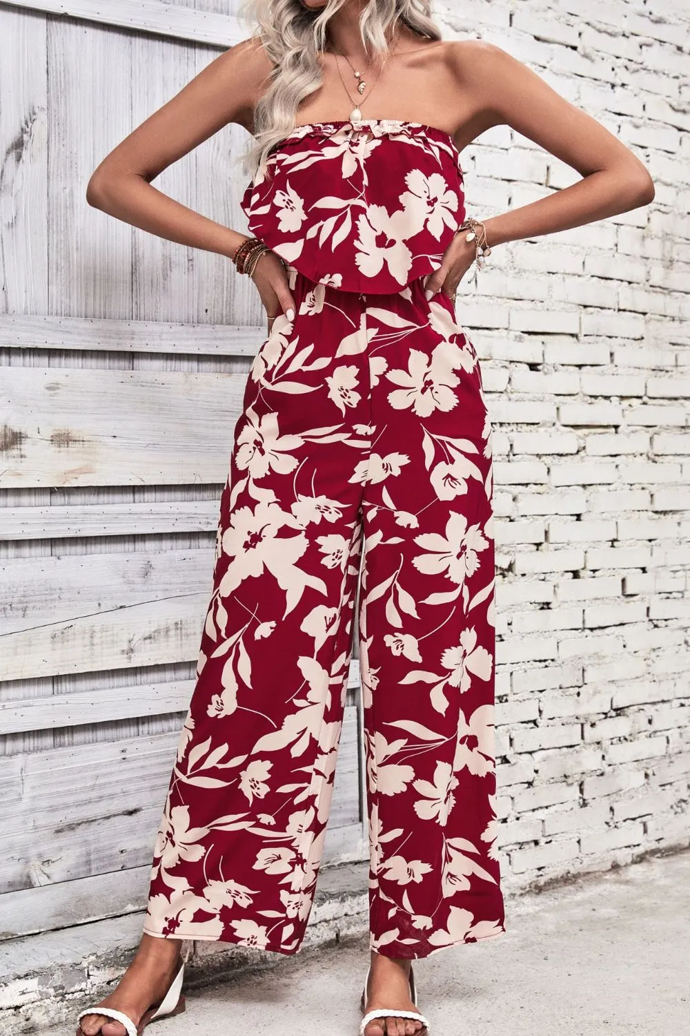 Blossom Allure: Floral Strapless Wide Leg Jumpsuit