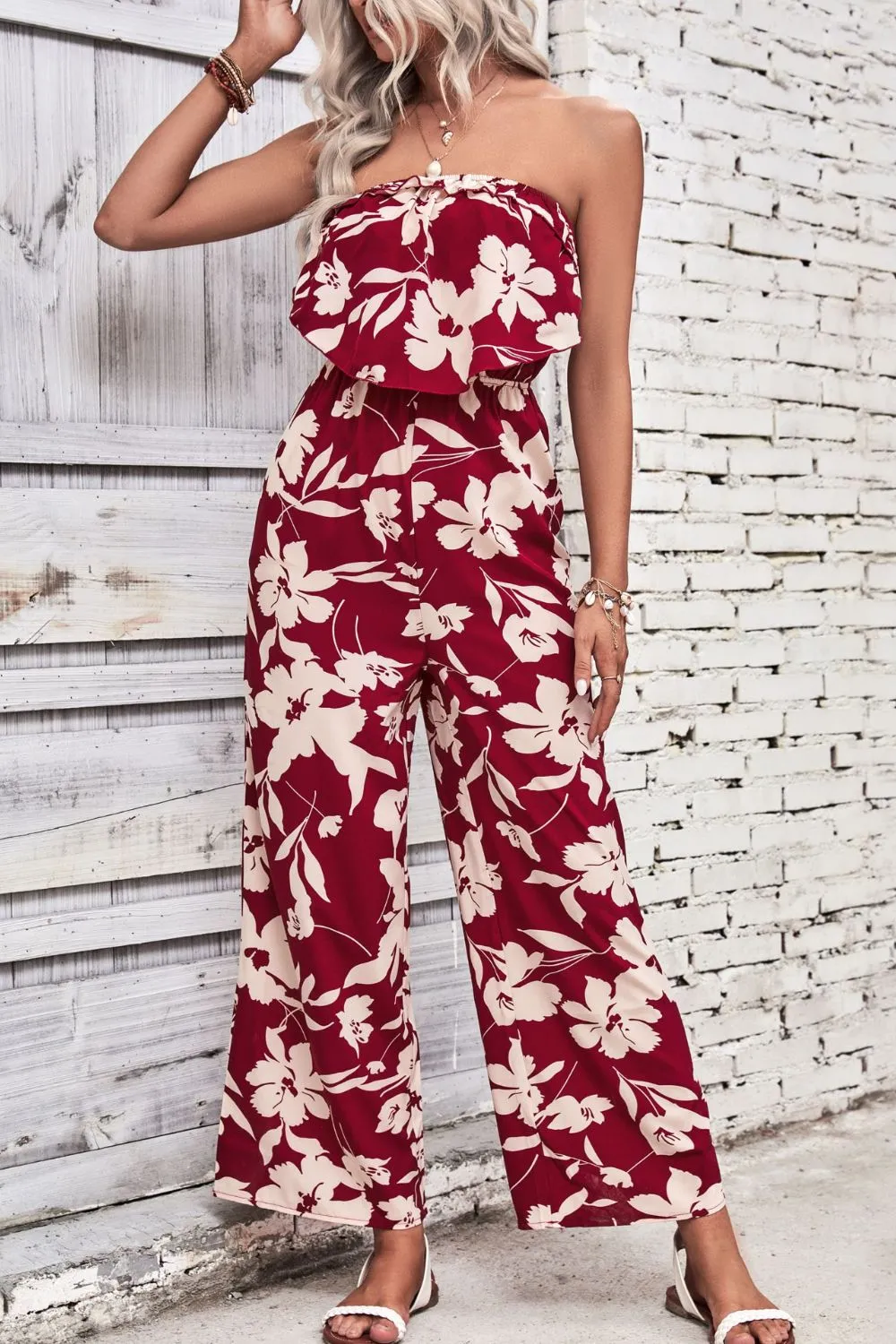 Blossom Allure: Floral Strapless Wide Leg Jumpsuit