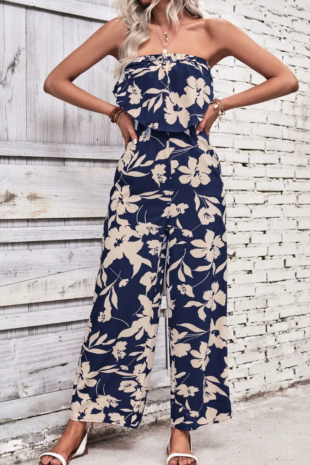 Blossom Allure: Floral Strapless Wide Leg Jumpsuit