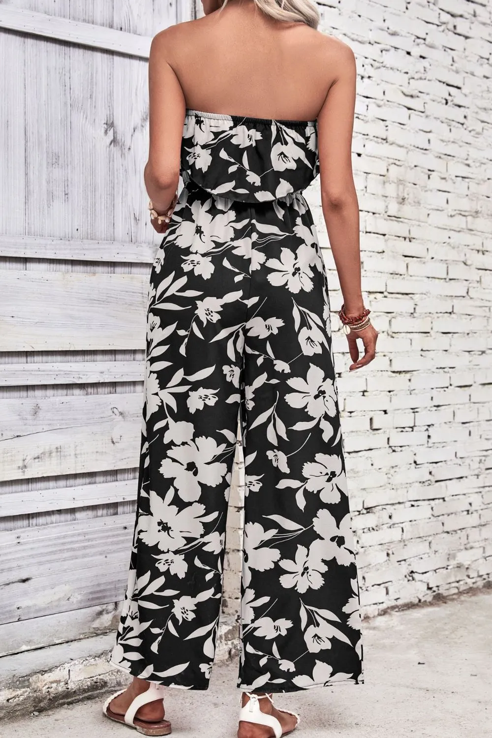 Blossom Allure: Floral Strapless Wide Leg Jumpsuit