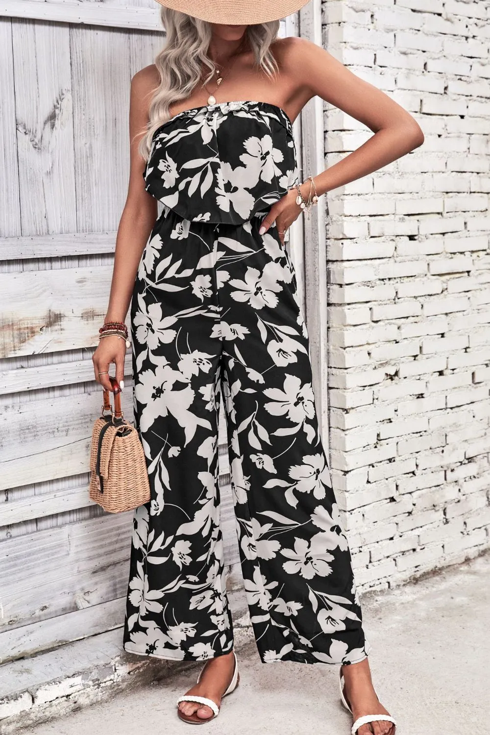 Blossom Allure: Floral Strapless Wide Leg Jumpsuit