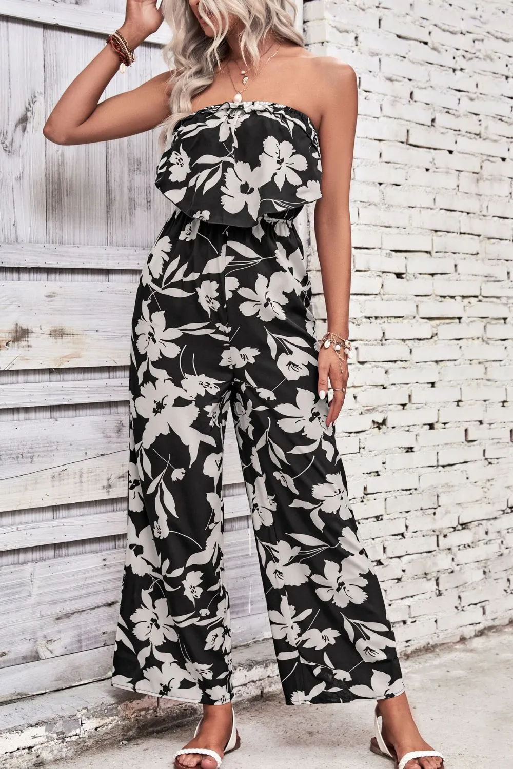 Blossom Allure: Floral Strapless Wide Leg Jumpsuit