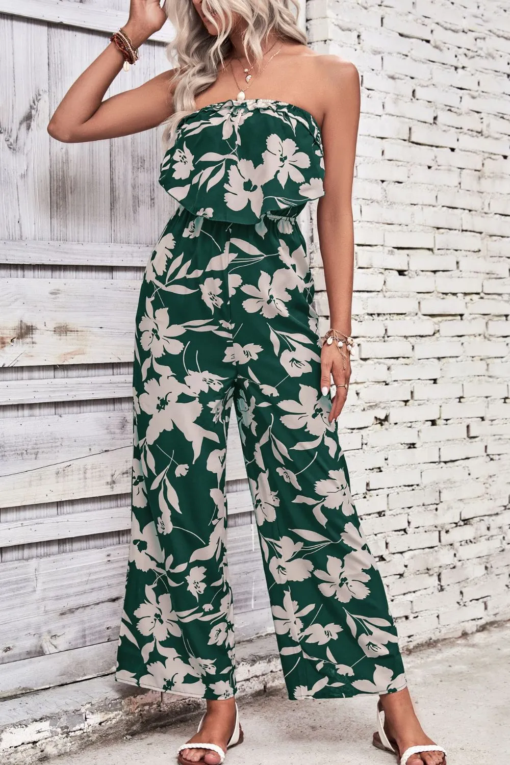 Blossom Allure: Floral Strapless Wide Leg Jumpsuit