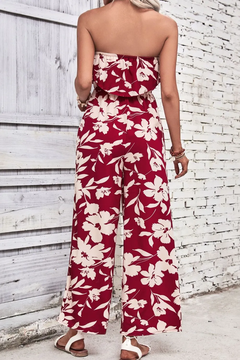 Blossom Allure: Floral Strapless Wide Leg Jumpsuit