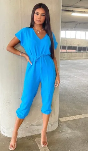 Blue Short Sleeve Tie Waist Jumpsuit