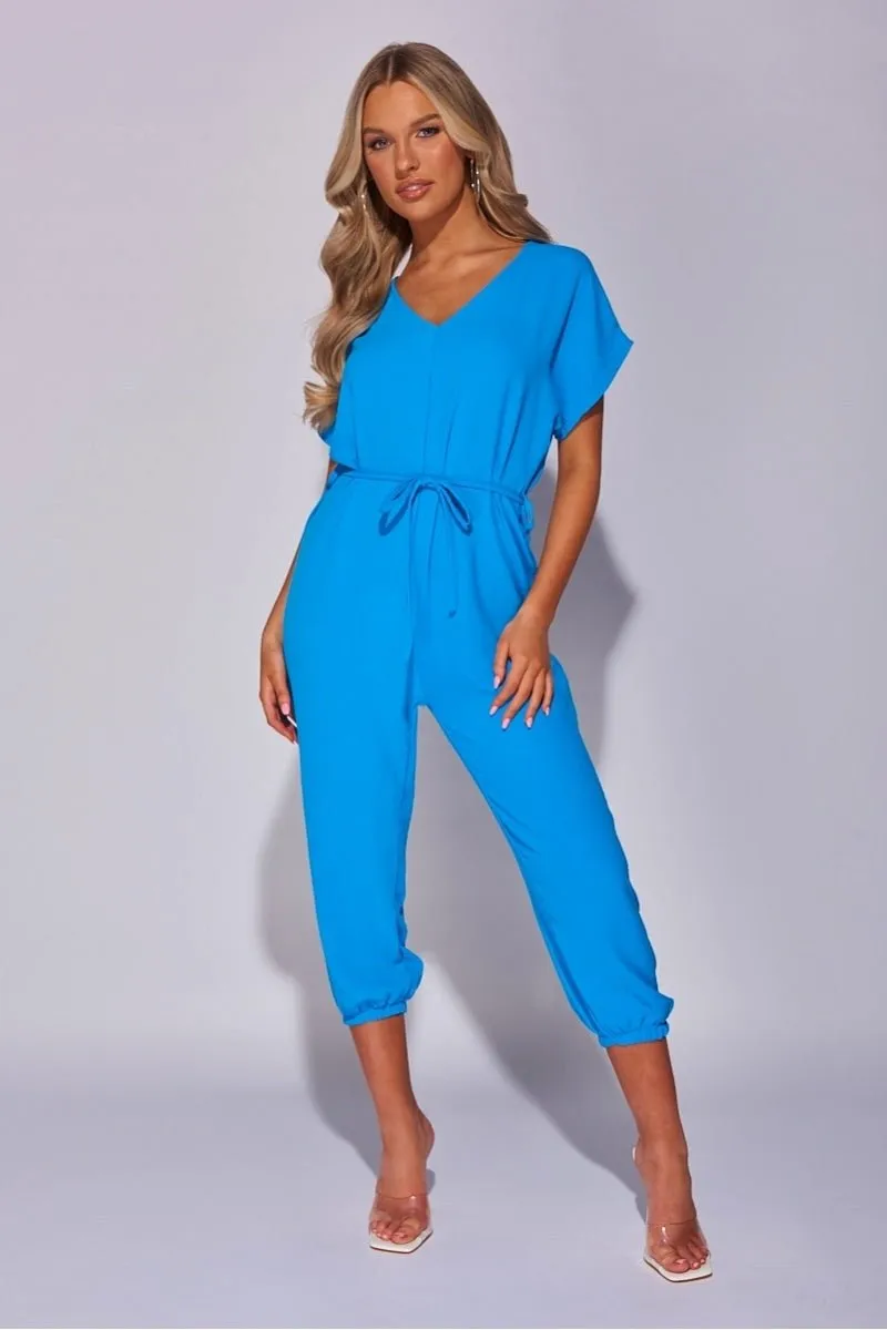 Blue Short Sleeve Tie Waist Jumpsuit