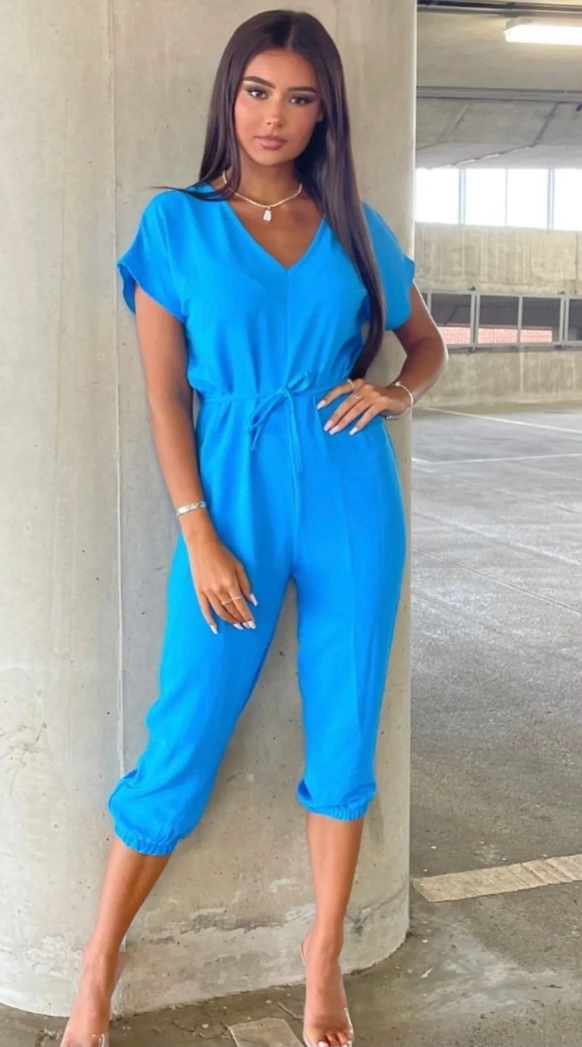 Blue Short Sleeve Tie Waist Jumpsuit