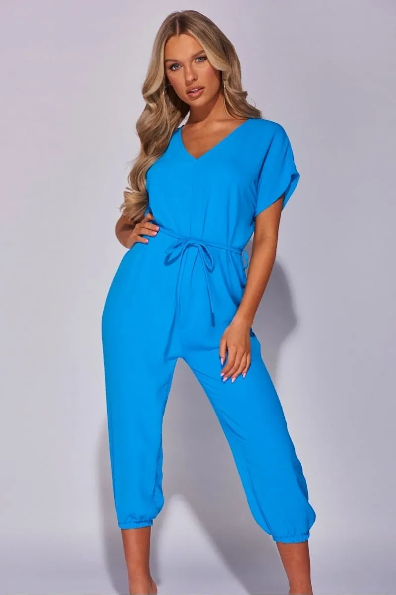 Blue Short Sleeve Tie Waist Jumpsuit