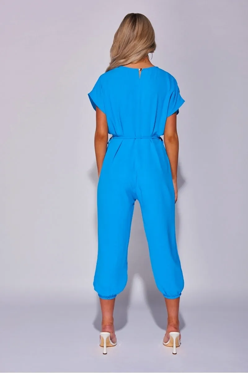 Blue Short Sleeve Tie Waist Jumpsuit