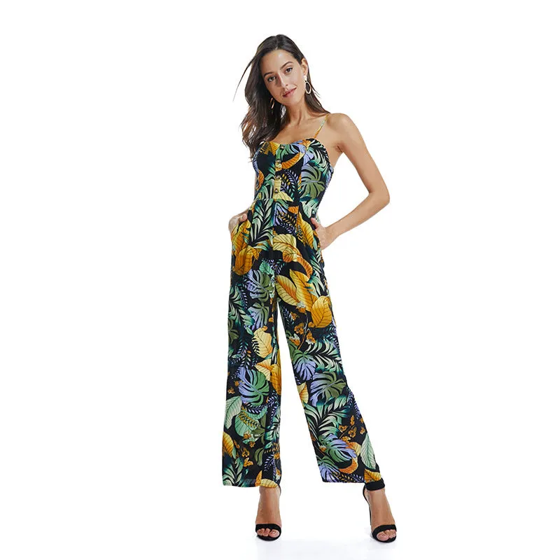 Bohemian Printed Beach Holiday Wind Sling Jumpsuit