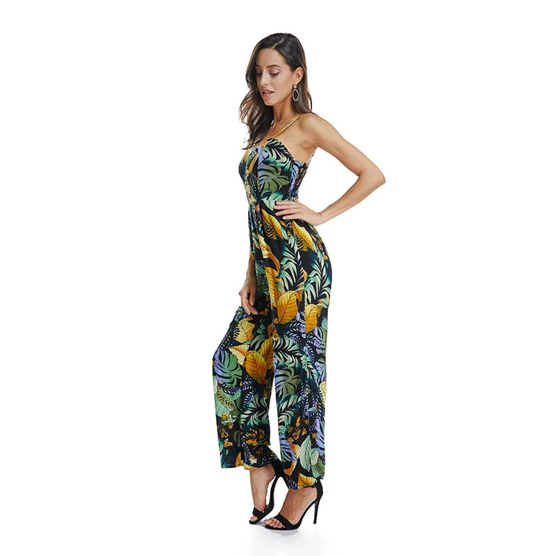 Bohemian Printed Beach Holiday Wind Sling Jumpsuit