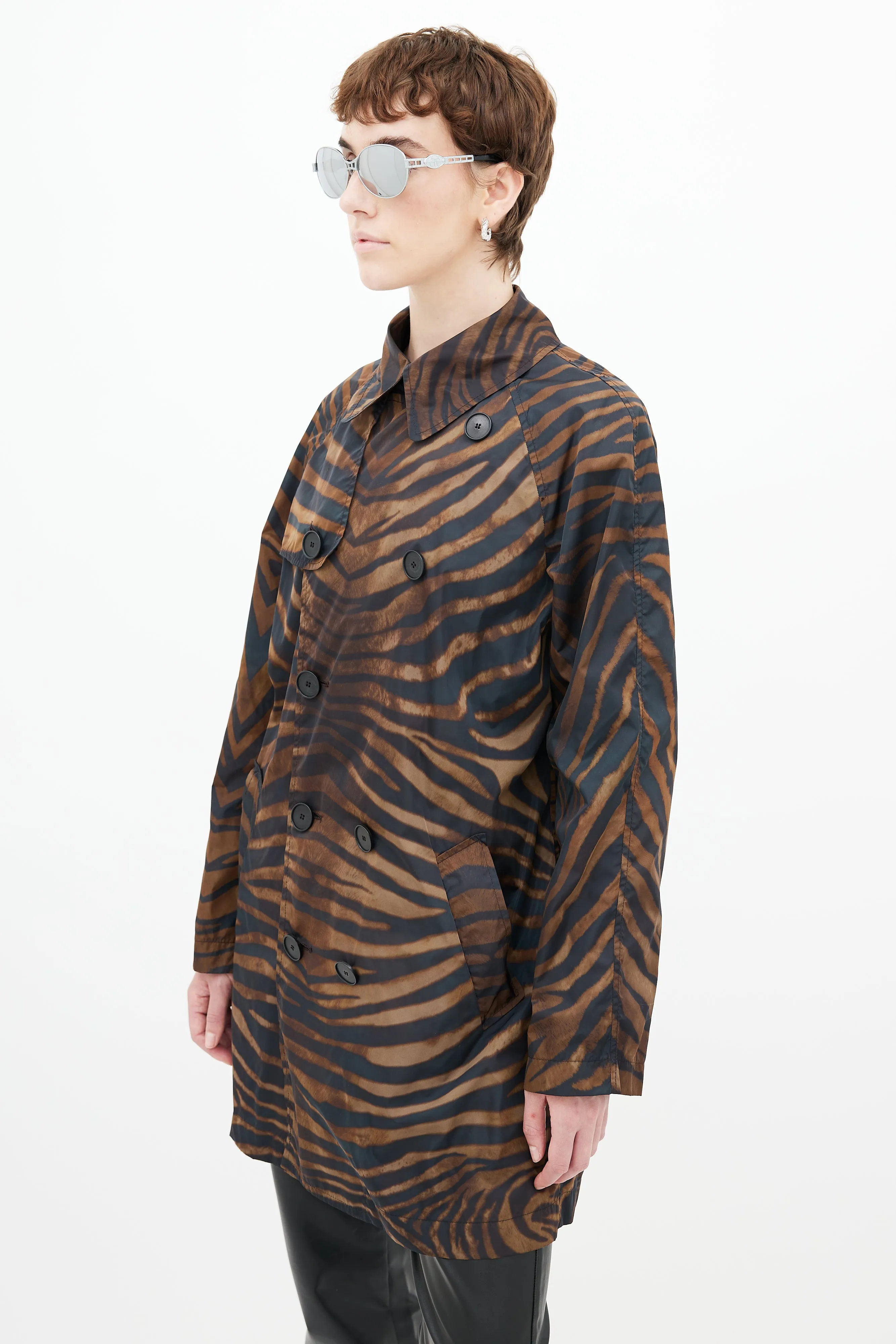 Brown & Black Print Nylon Trench Coat