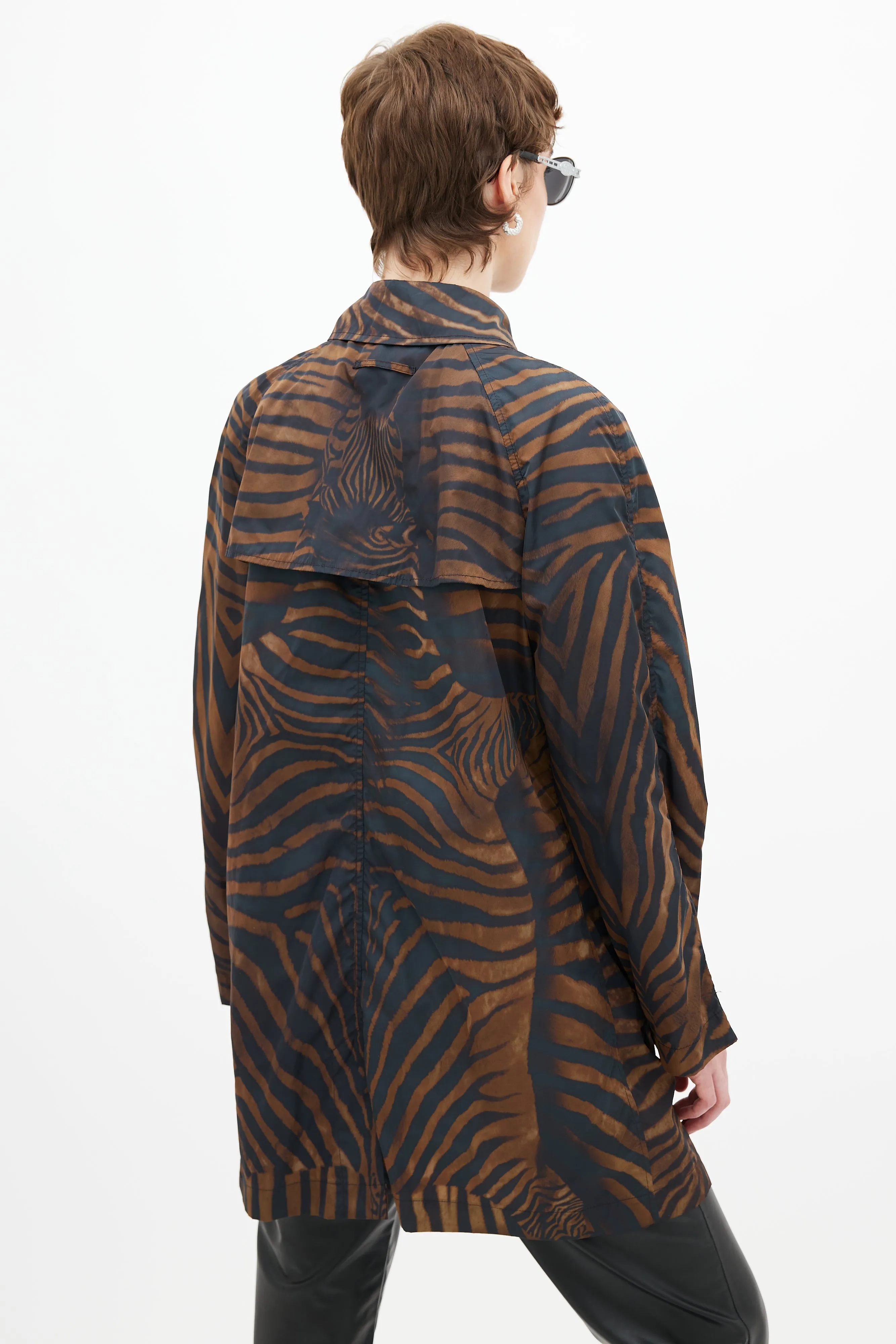 Brown & Black Print Nylon Trench Coat