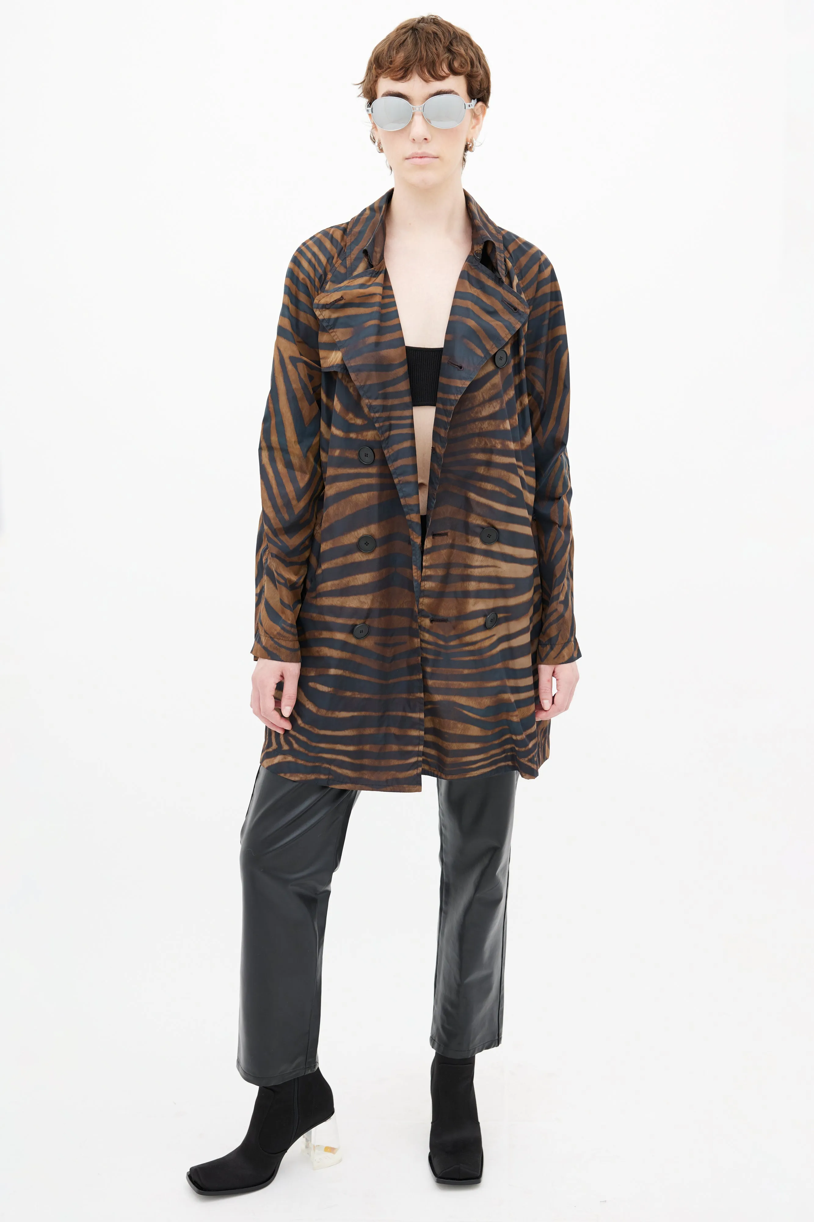 Brown & Black Print Nylon Trench Coat