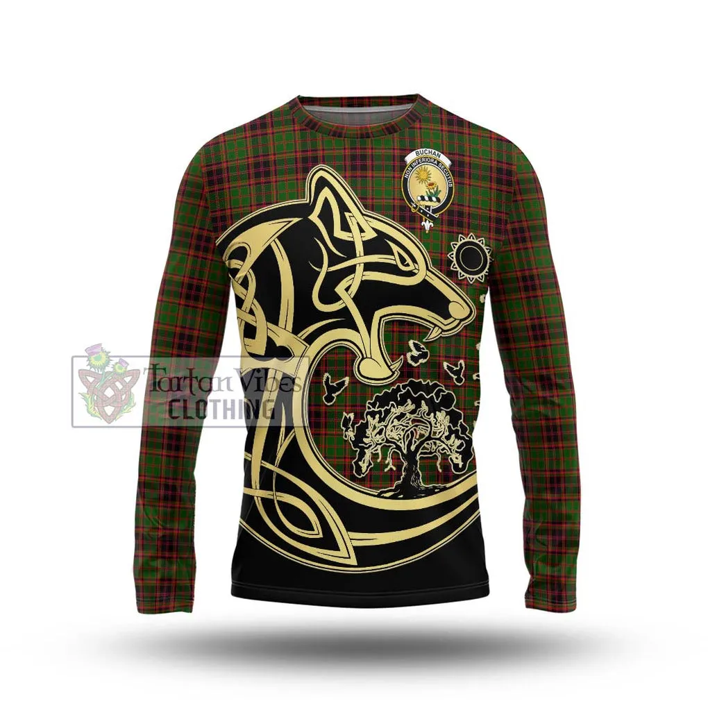 Buchan Tartan Long Sleeve T-Shirt with Family Crest Celtic Wolf Style