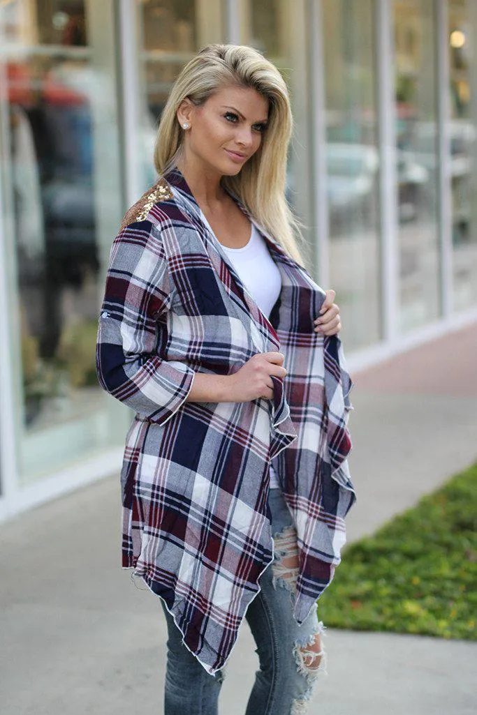 Burgundy Plaid Cardigan With Sequin Back