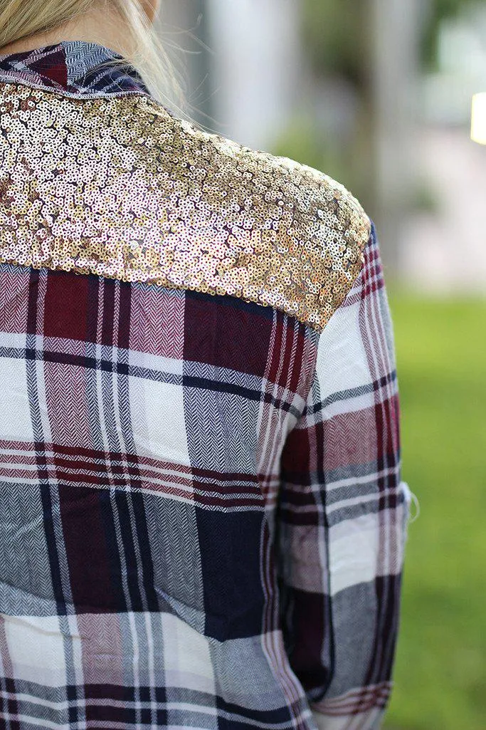 Burgundy Plaid Cardigan With Sequin Back