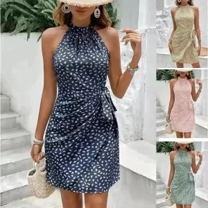 Casual Summer Halter neck Printed Dress With Tied Elegant Ladies High Neck Mini Dress.