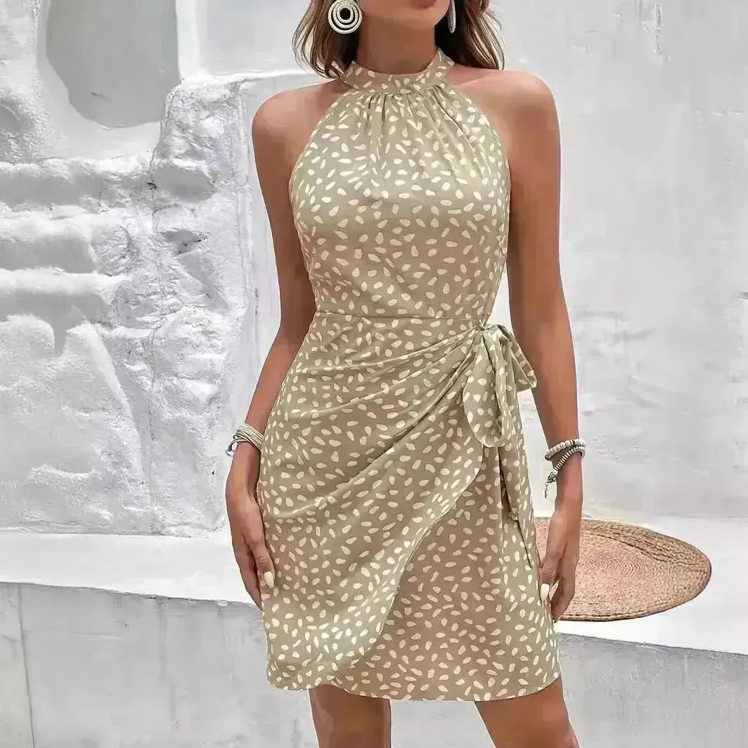 Casual Summer Halter neck Printed Dress With Tied Elegant Ladies High Neck Mini Dress.