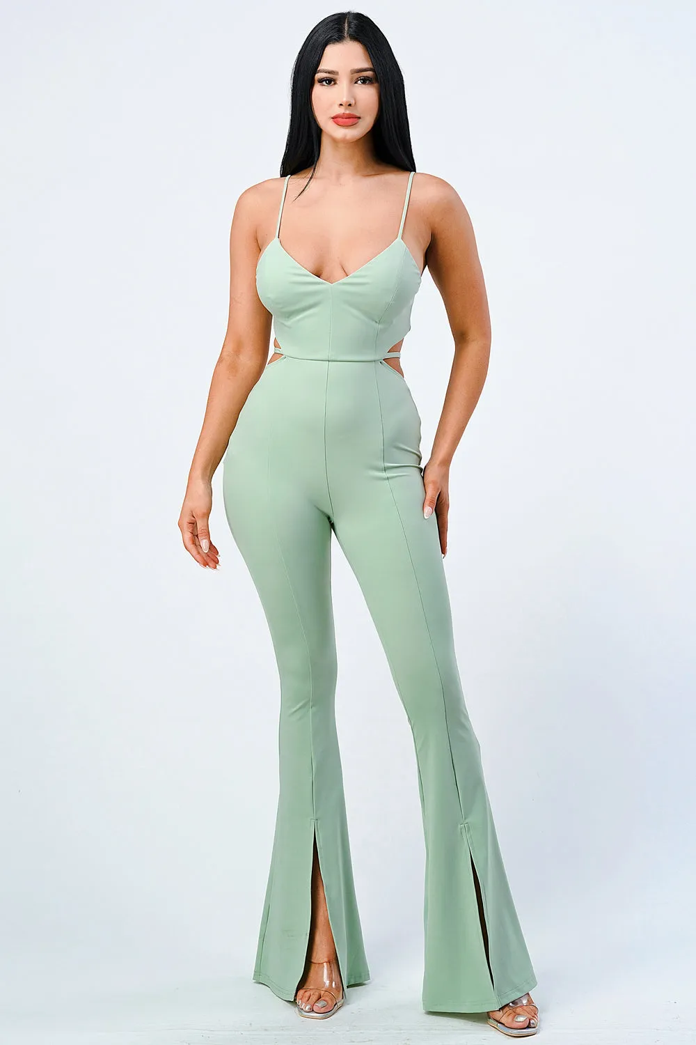 CHIC SIDE CUTOUT DRAWSTRING SLITTED WIDE LEGS JUMPSUIT