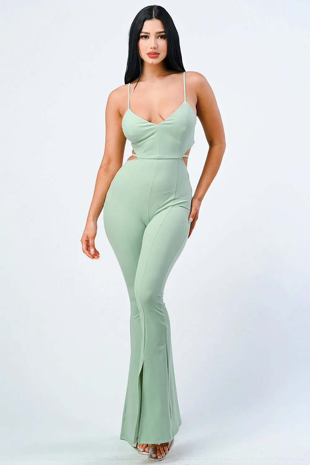 CHIC SIDE CUTOUT DRAWSTRING SLITTED WIDE LEGS JUMPSUIT