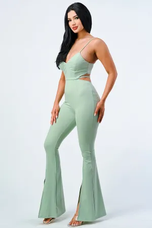 CHIC SIDE CUTOUT DRAWSTRING SLITTED WIDE LEGS JUMPSUIT