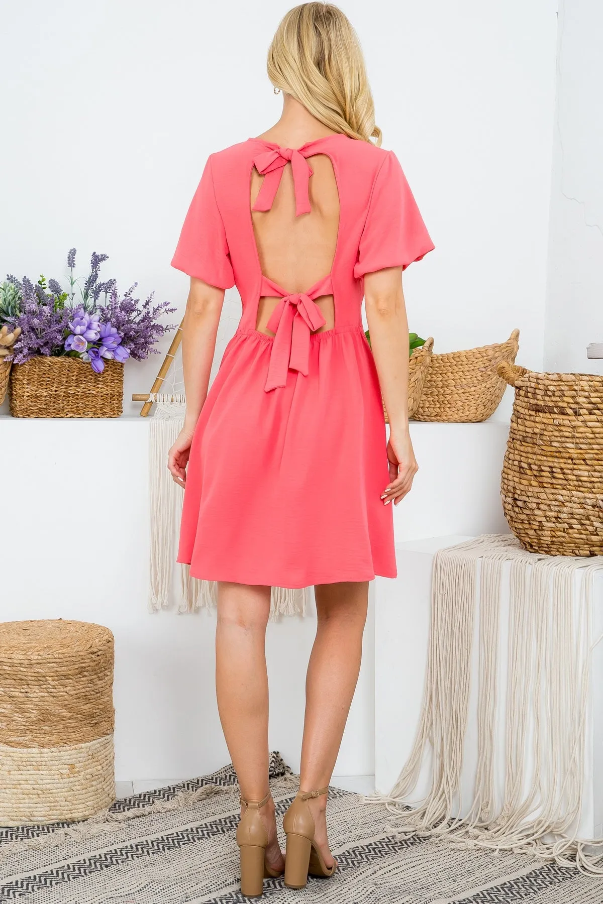 CORAL BUBBLE SLEEVE TIE OPEN BACK DRESS