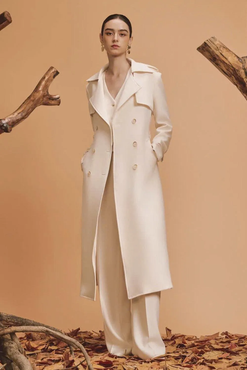 Cozy Straight Storm Flap Wool Blend Calf Length Trench Coat