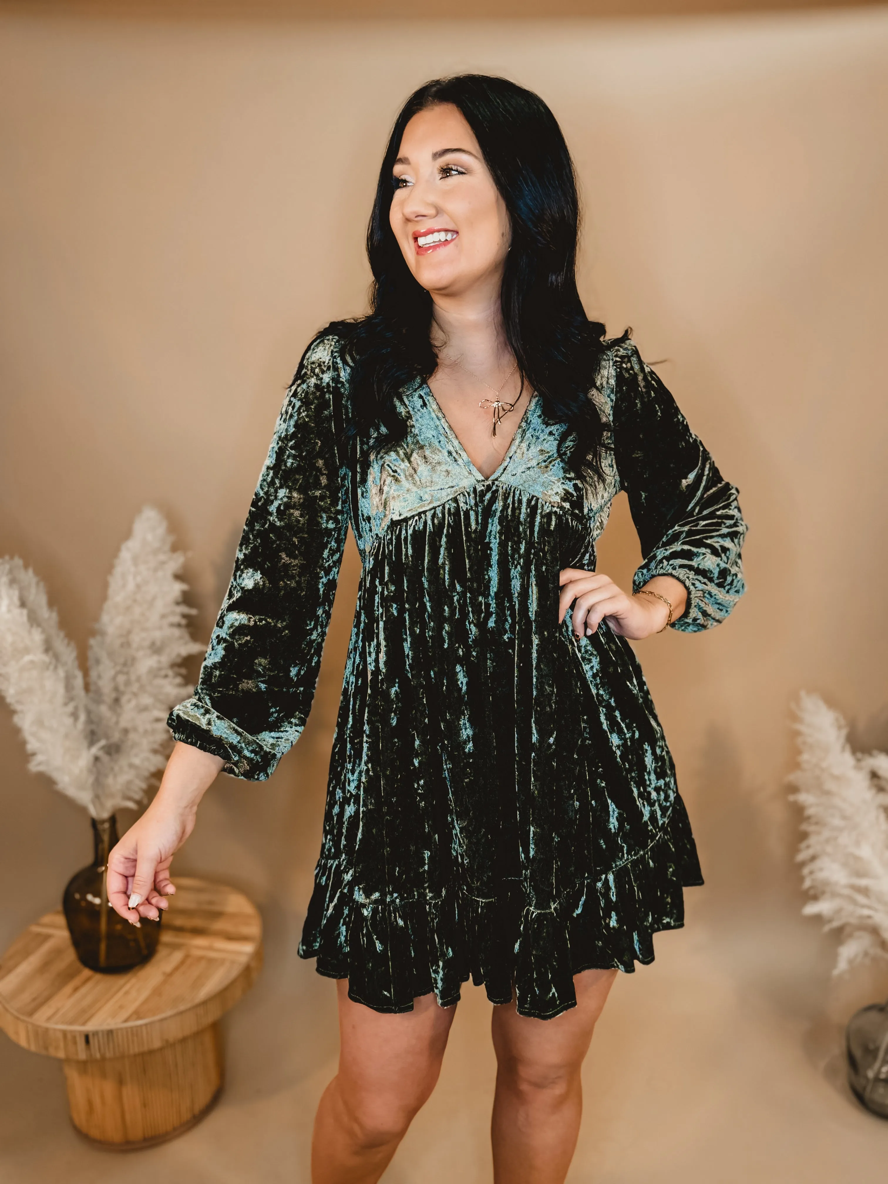 Crushed Velvet Babydoll Dress - Olive