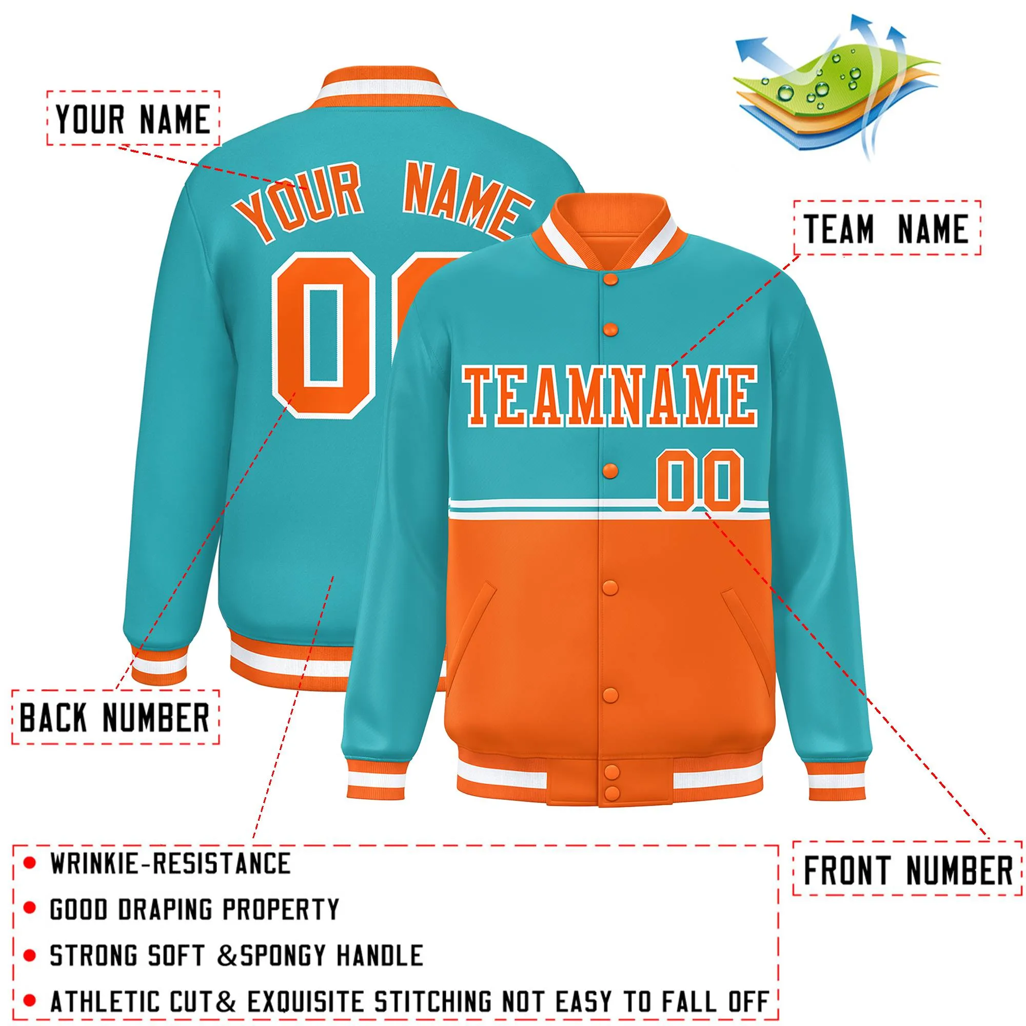 Custom Aqua Orange Varsity Full-Snap Color Block Letterman Jacket