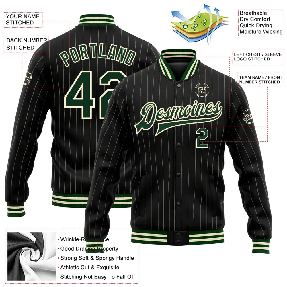 Custom Black Cream Pinstripe Green Bomber Full-Snap Varsity Letterman Jacket