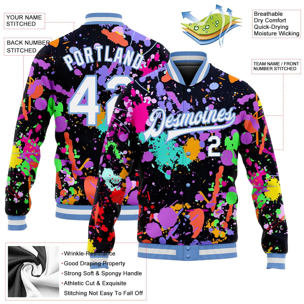 Custom Graffiti Pattern White-Light Blue Splashes 3D Bomber Full-Snap Varsity Letterman Jacket